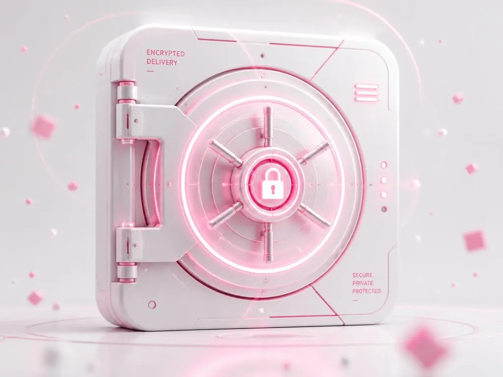 Pink and white encrypted vault representing secure account delivery